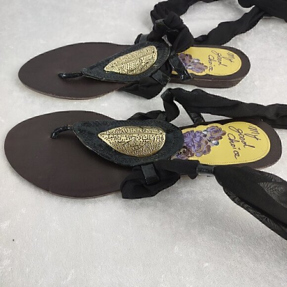 My Good Choice Black Ribbon Sandals With Gold Accent. Size 38 EU = US Size 6. - Picture 4 of 10